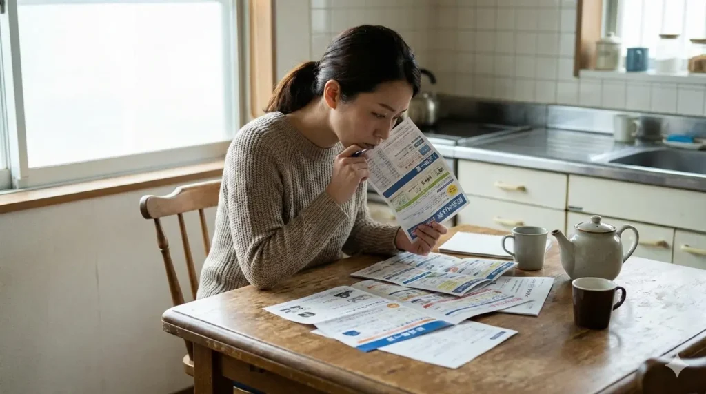 宅配食材サービスのパンフレットを比較して検討する女性の写真
