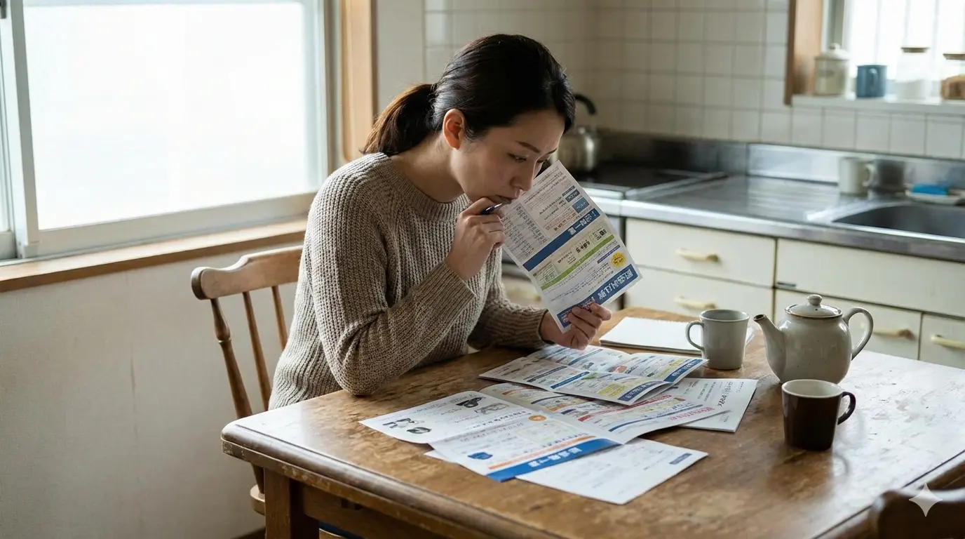 宅配食材サービスのパンフレットを比較して検討する女性の写真