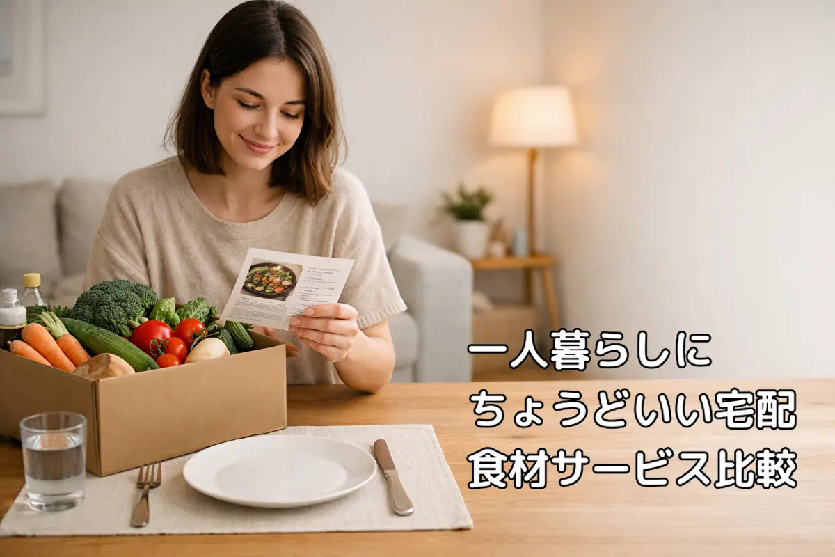宅配で届いた食材セットを確認している一人暮らしの女性