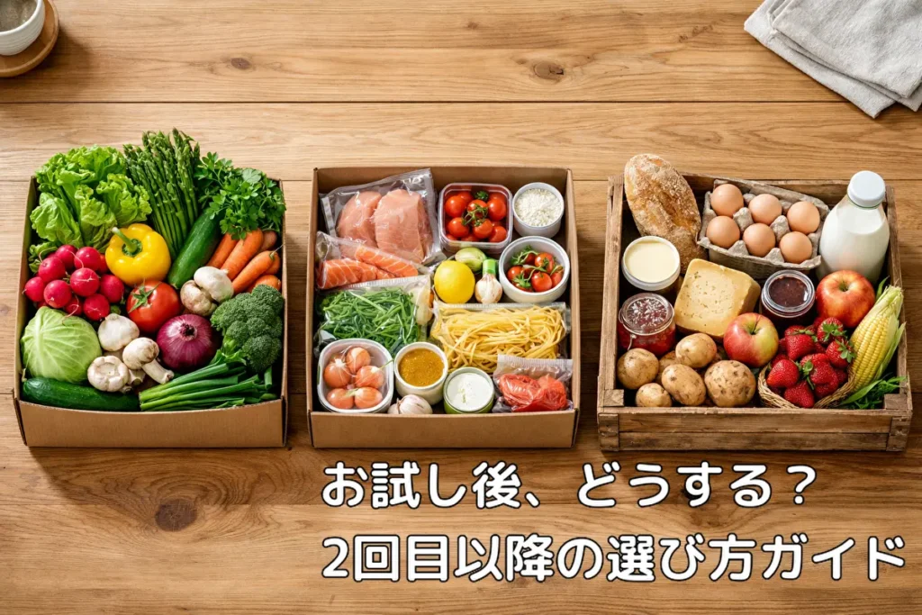 Oisixや大地を守る会などの宅配食材お試しセットを比較した写真。2回目以降の継続を迷う人向け