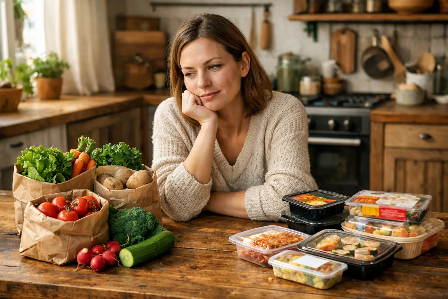 無添加食材と市販の総菜を見比べて悩む女性。宅配食材サービスの安全性に迷うイメージ。
