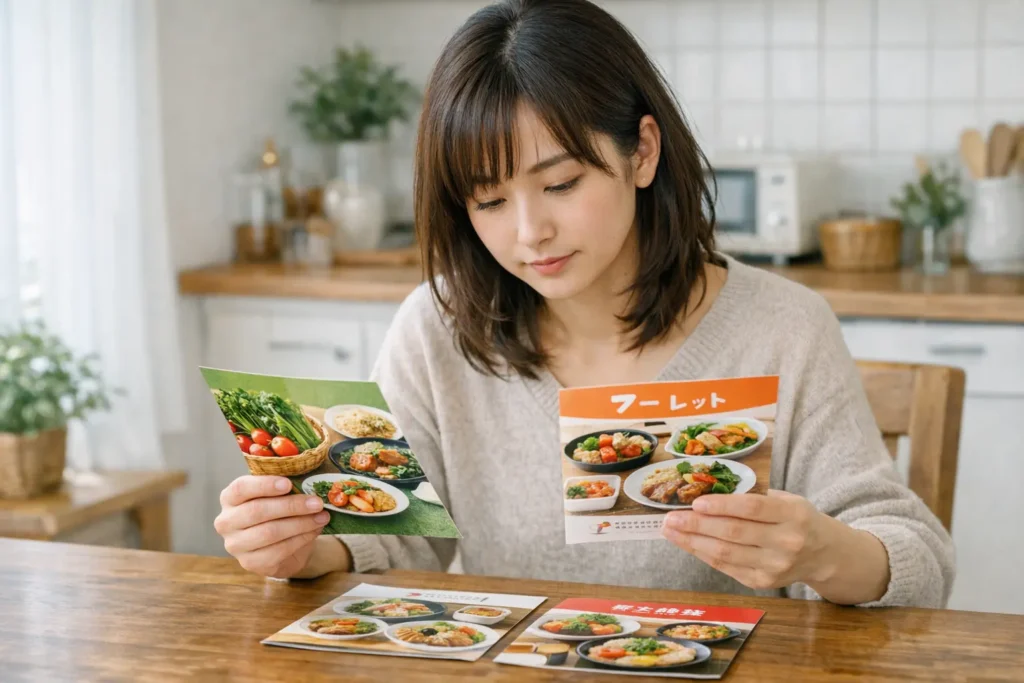 宅配食材のパンフレットを3枚並べて比較している女性。キッチンで真剣に選んでいる様子