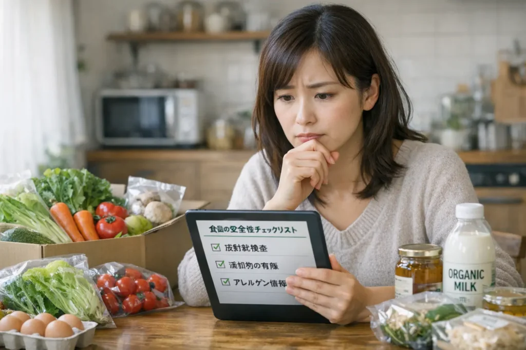 宅配食材の安全性をチェックする女性（放射能・添加物・アレルゲン）