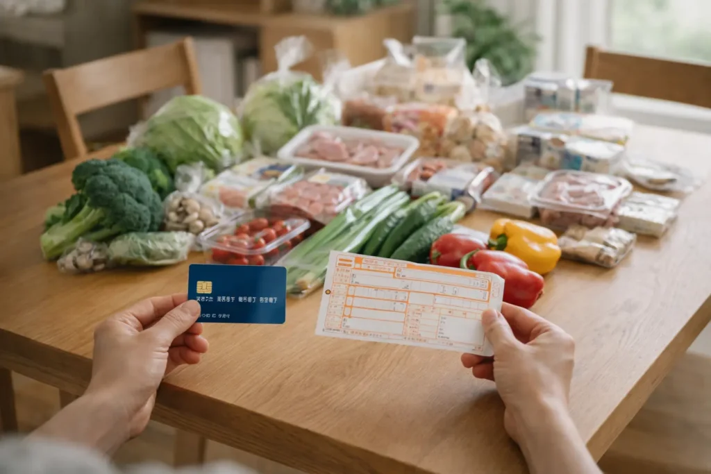 食材宅配の支払い方法を比較している様子（クレジットカードと振込用紙）